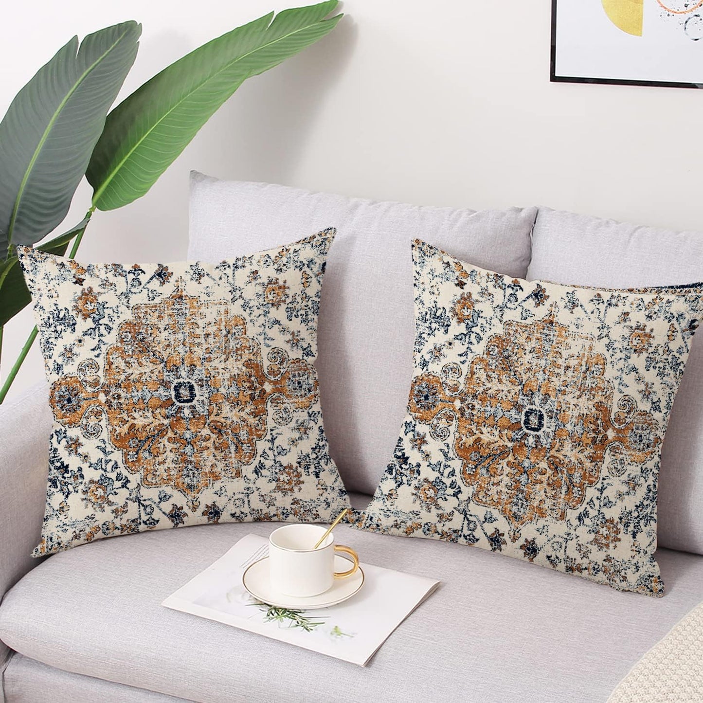 Outdoor Waterproof Pillow Covers - 18x18 Inch Set of 2 Bohemian Vintage Carpet Pattern Pillow Covers with Gold Blue Ethnic Design for Decorative Farmhouse Couch, Garden, Balcony