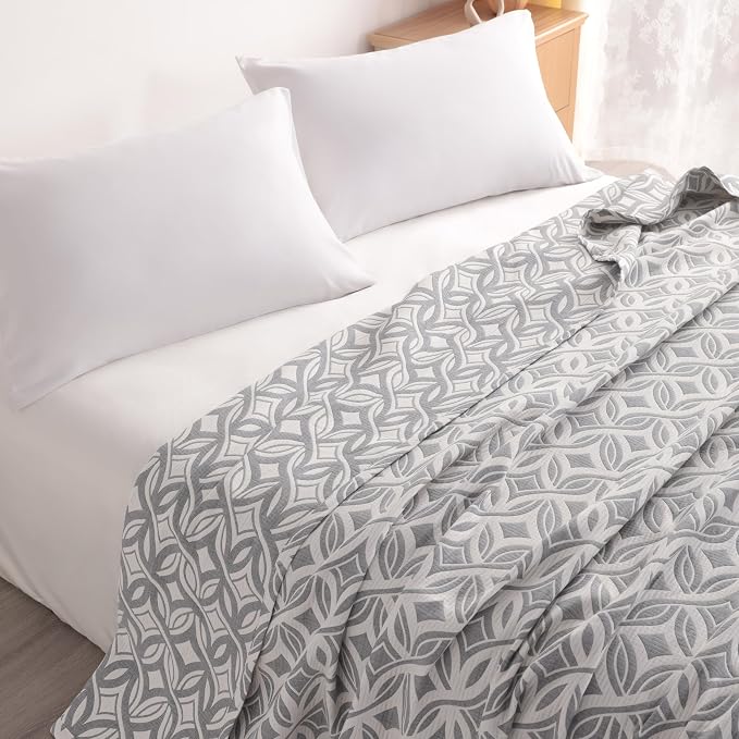 NTBAY 3 Layers Cotton Muslin 68x92 Twin Bed Blanket, Super Soft Breathable Thermal Yarn Dyed Quilt for Adults, Perfect Lightweight Blanket for Couch Sofa Bed All Seasons, Grey Twisted Line