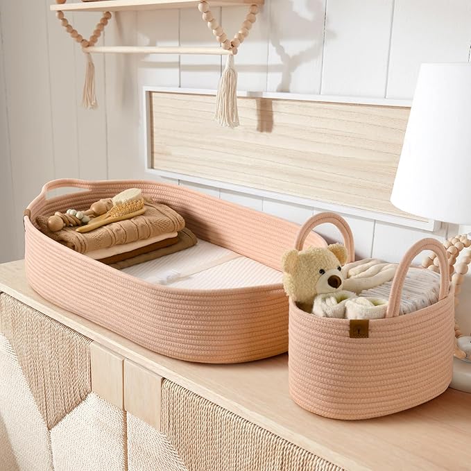 J&JOO Baby Changing Basket includes Diaper Caddy - Soft & Waterproof Dual-Cover, Portable, Changing Pad for Dresser & Changing Table, Gift for Baby Shower, Organic Cotton Rope