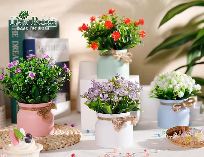 Der Rose 6 Pack Fake Plants Flowers Small Artificial Faux Plants in Plastic Macaron Pot for Home Bathroom Office Desk Accessories Wedding Decor Indoor