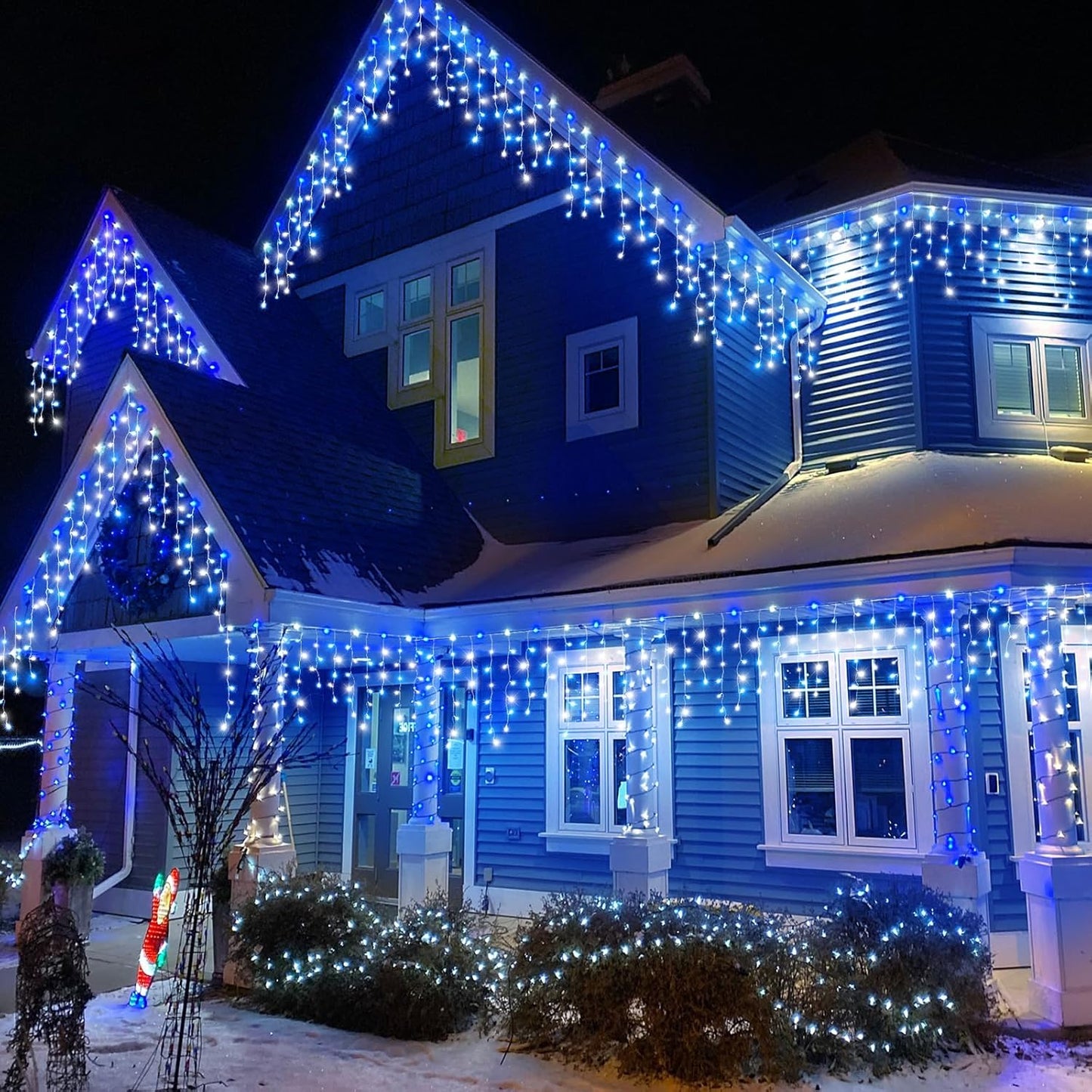 66ft Icicle Lights for Outside, Blue and White Christmas Lights Outdoor Indoor, 640 LED Twinkle String Light with 120 Drops Short Curtain Lights for Thanksgiving Room Home Wall Bedroom Window Decor
