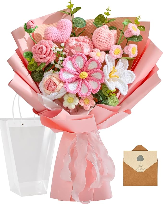 Alecono Large Crochet Flower Bouquet, Pink Knitted Flowers, Crochet Tulip Galsang Flower for Valentines Day Lover Anniversary Birthday Party Mother's Day Graduation Gifts (Include Card)