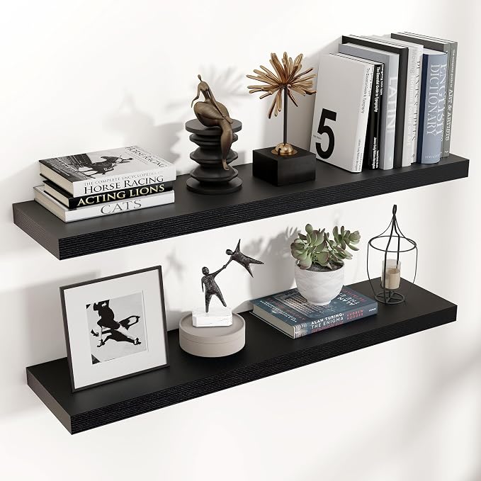 36" Wide x 8" Deep Floating Shelves for Wall, Black Finish, 2-Pack | Engineered Wood Wall Shelves with Invisible Brackets for Living Room, Bedroom, Bathroom, Office & Kitchen Storage
