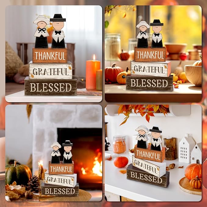 Lineshading 4 Pcs Thanksgiving Table Decoration Wooden Pilgrim Couple Decor Thanksgiving Tiered Tray Decor Fall Centerpiece Rustic Decorative Pilgrim Block Signs Gift Farmhouse for Home Kitchen