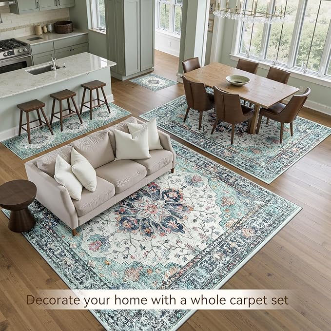 RELEANY Area Rugs 5'x7' Washable Non-Slip, Floral Vintage Distress Print Pattern Medallion Carpet for Living Room Bedroom Dining Room, Green Navy Blue White Red Teal Colorful