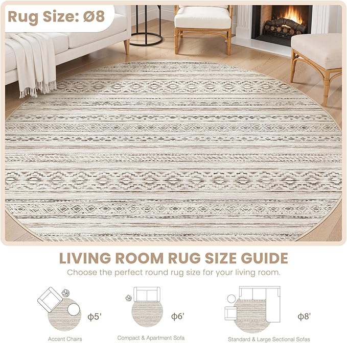cotiled 8x8 Round Area Rug Living Room: Washable Boho Rugs with Non Slip Backing Large Soft Indoor Stain Resistant Carpet for Bedroom Farmhouse Dining Room Lightweight Home Decor Cream Brown