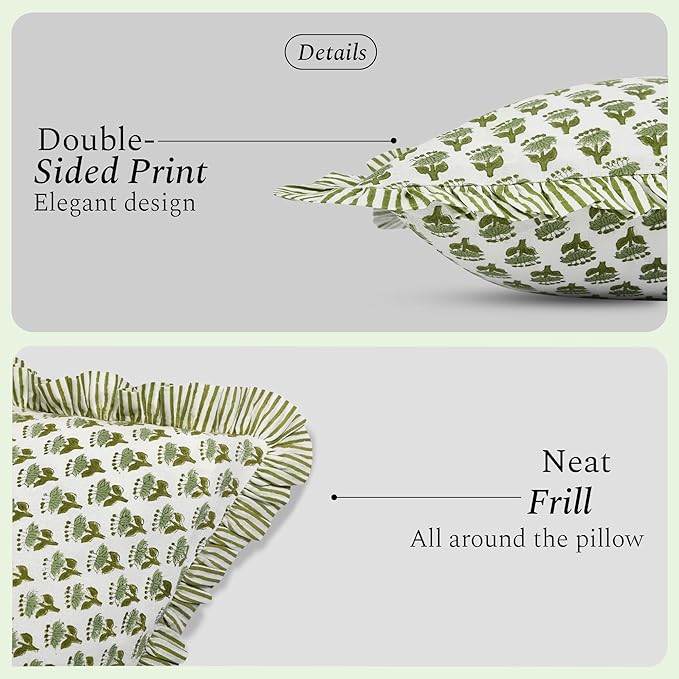 CPC Block Print Ruffle Throw Cover Emerald Green 16"x16" Inch Pack of 2-100% Cotton Ruffle Couch Decorative Boho Pillows Case for Living Room, Bedroom, Sofa, Farmhouse Gift for Spring, Mother's Day