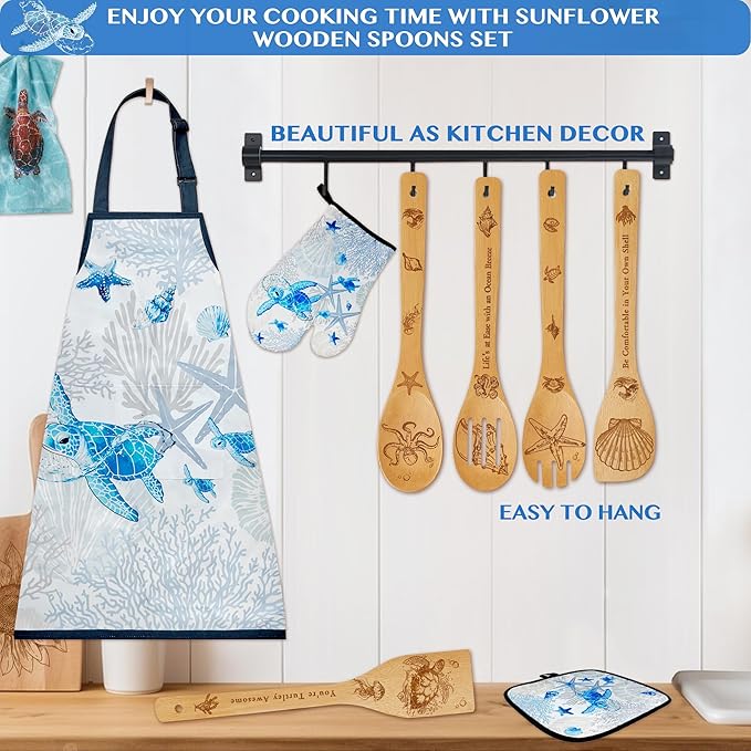 8 PCS Ocean Bamboo Kitchen Cooking Utensil Spoon Set with Apron Oven Mitt Potholder,Gift for Women Coastal Decor Beach Theme Kitchen Decorations,Sea Turtle Lovers,Housewarming,Birthday,Easter