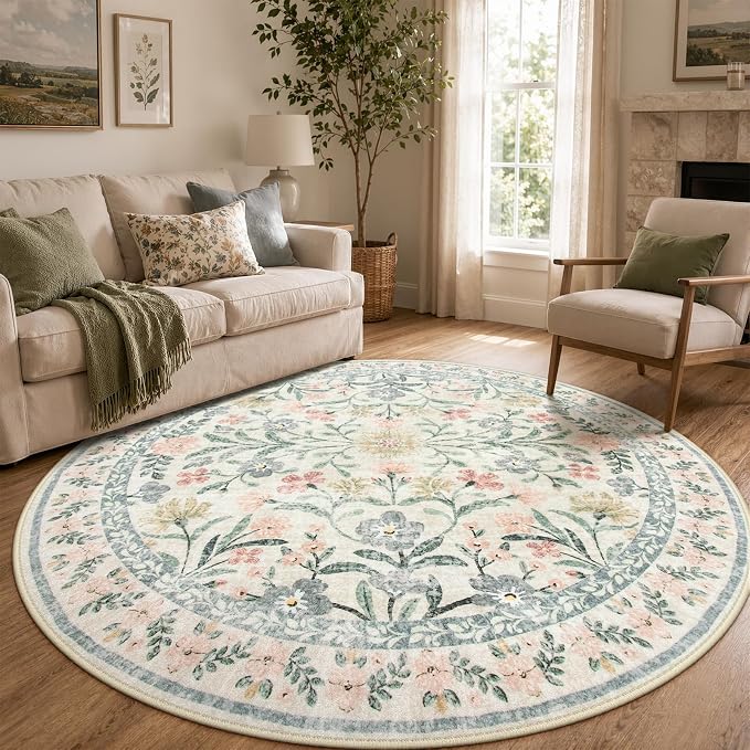 Wonnitar Round Washable Rug, Soft Floral Round Rugs 5ft Circle Carpets for Bedroom Ultra-Thin, Boho Beige Print Distressed Circular Carpet for Living Room Dorm Bedside