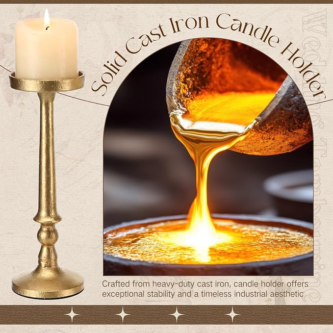 Set of 2 Gold Antique Brass Candlestick Holder Vintage Cast Iron Tall Candle Stand for 3 Inch Pillars Heavy Metal Candle Stand for Party Table Decor