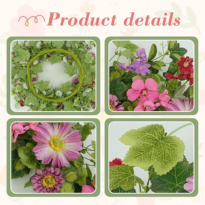 YNYLCHMX 18" Spring Summer Wreaths for Front Door, Artificial Floral Wreath with Pink Daisy & Green Eucalyptus Leaves, Green Foliage Wreath for Wall Window Farmhouse Party Holiday Home Decor