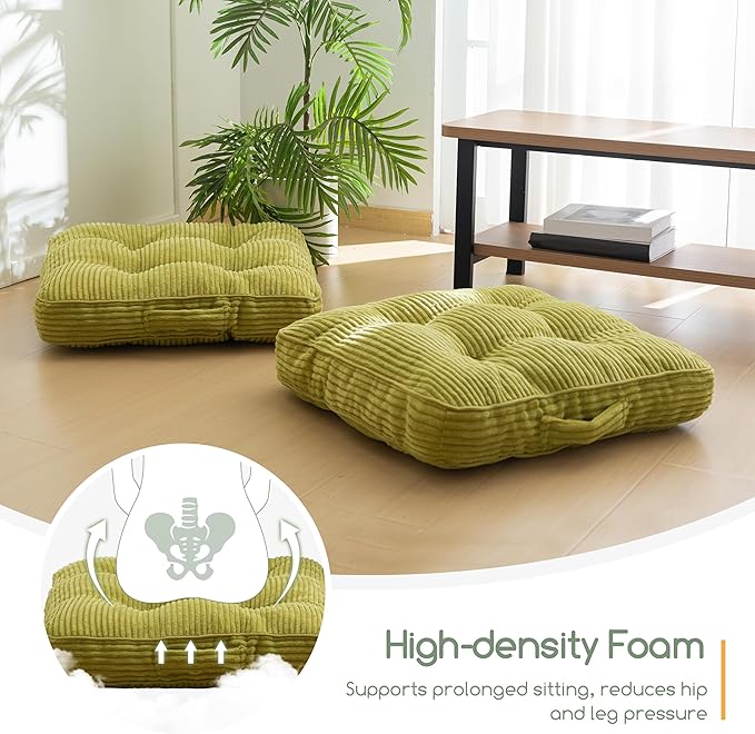 HIGOGOGO Floor Pillow Cushion for Adults, Meditation Cushion Pillow, Large Square Floor Sitting, Tufted Corduroy Cover, for Tatami Living Room or Yoga, 22x22 Inch, Green