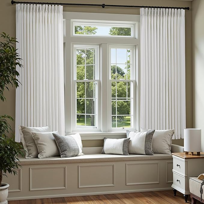 COMON HOME Beige White Pinch Pleated Semi Sheer Curtains 63 Inch Length 2 Panels for Small Windows Privacy Light Filtering Linen Curtains Cream Beige Neutral Boho Memory Shape Trained Window Drapes