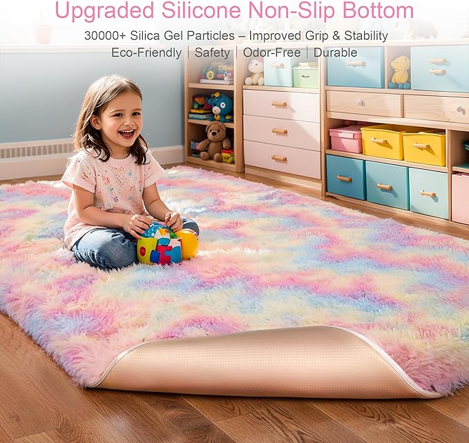 KICHOWUA Thick Area Rug 4x6 Fluffy Shag - Rainbow Unicorn Carpet for Girls Bedroom, Soft Plush Fuzzy Pastel, Thickened Washable Non-Slip Shaggy Rug for Kids, Nursery, Living Room, Baby, Dorm