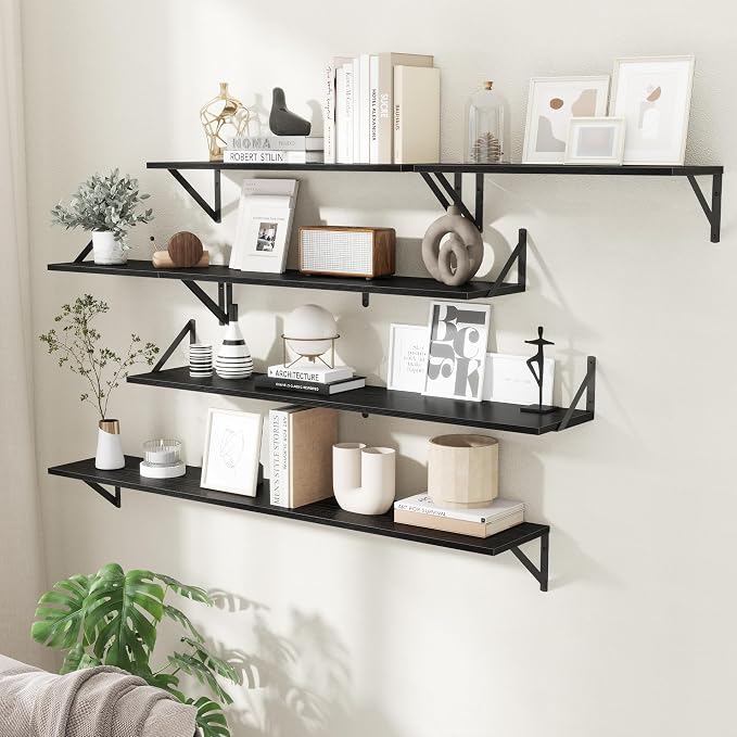 Acovy Floating Shelves with Black Metal Brackets Set of 2,30" Wx8 D Wall Mounted Shelves Floating Bookshelf,Hanging Storage Shelf for Living Room,Bedroom,Bathroom,Office,Black