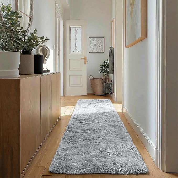 PAGISOFE Grey Runner Rugs for Hallway 2x6 Ft, Super Soft Fluffy Rug Home Decor Aesthetic, Fuzzy Plush Long Bedside Rugs, Plush Shag Carpet for Bedroom, Kids Room, Teen Dorm Nursery Room Decor
