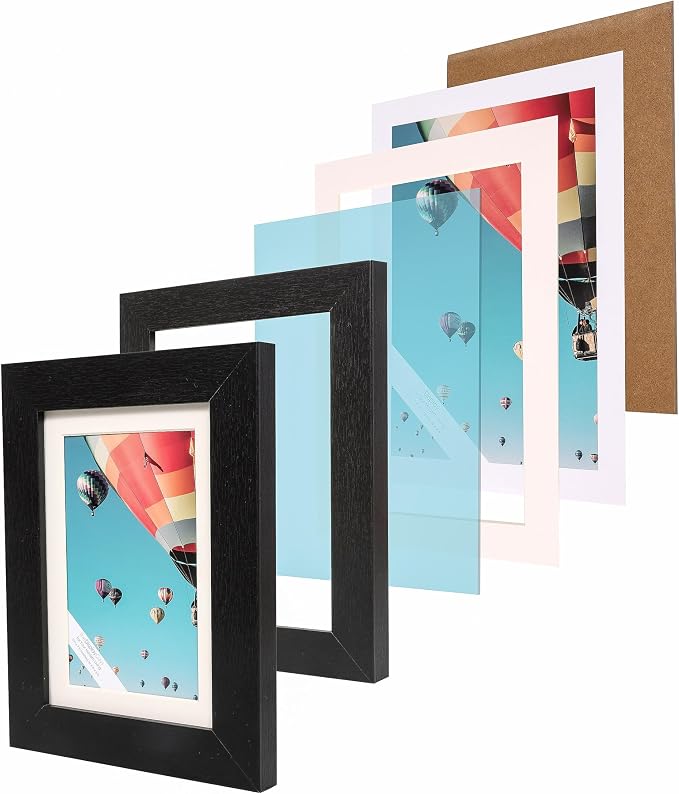 The Display Guys - Black Wooden Minimalist Picture Frames Set - Tempered Glass - 5x7 matted to 4x6 - Tabletop Easel - 6-Pack