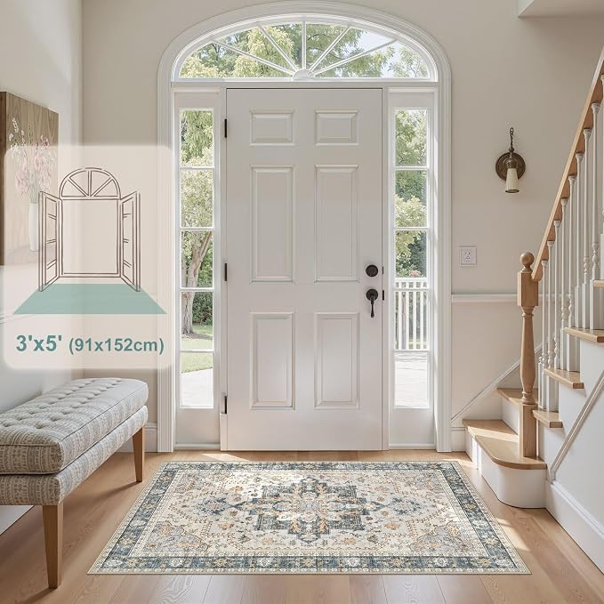 Tortania Area Rug Living Room Rugs - 3x5 Washable Rug Vintage Oriental Distressed Farmhouse Small Thin Indoor Carpet for Living Room Bedroom Under Dining Table Home Office - TealTaupe