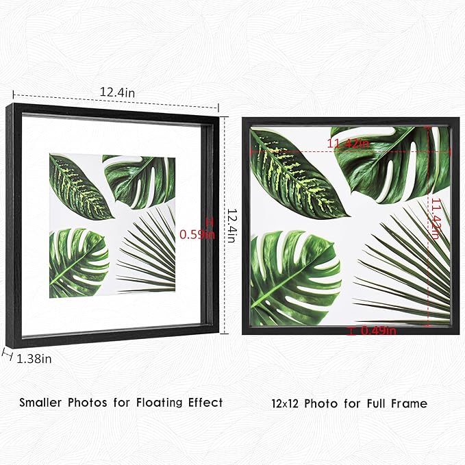 MUYE 12x12 Floating Frames Set of 2,Double Glass Picture Frame Display Any Size Photo up to 12x12,Wall Mount or Tabletop Standing,Black