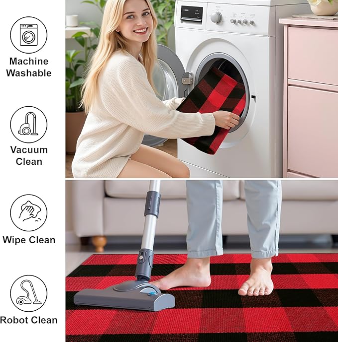 OLANLY Buffalo Plaid Rug 2' x 3' (24" x 36") – Red and Black Cotton Checkered Doormat, Washable Indoor Outdoor Rug for Layered Front Porch, Kitchen, Entryway Decor