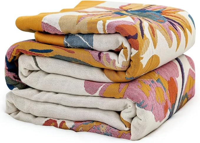 MSGKV Boho Throw Blanket for Bed 100% Cotton Throw Floral Couch Blanket 80''x90'', Summer Breathable Travel Muslin Blanket for Women Home Decor