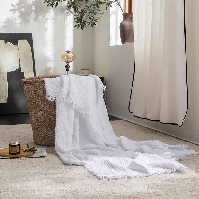 FOSSA Muslin Blanket 4-Layer 100% Cotton Gauze Blanket with Fringe 50"x70" | Super Soft Breathable Lightweight All Season & Decorative Blanket or Bed, Sofa, Office (Bright White,Throw XL)
