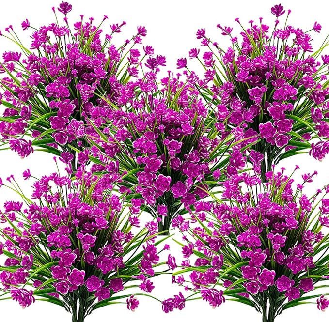 Grunyia 10 Bundles Artificial Flowers Outdoor UV Resistant Fake Plants Indoor Outside Hanging Planter Home Garden Decor (Purple)