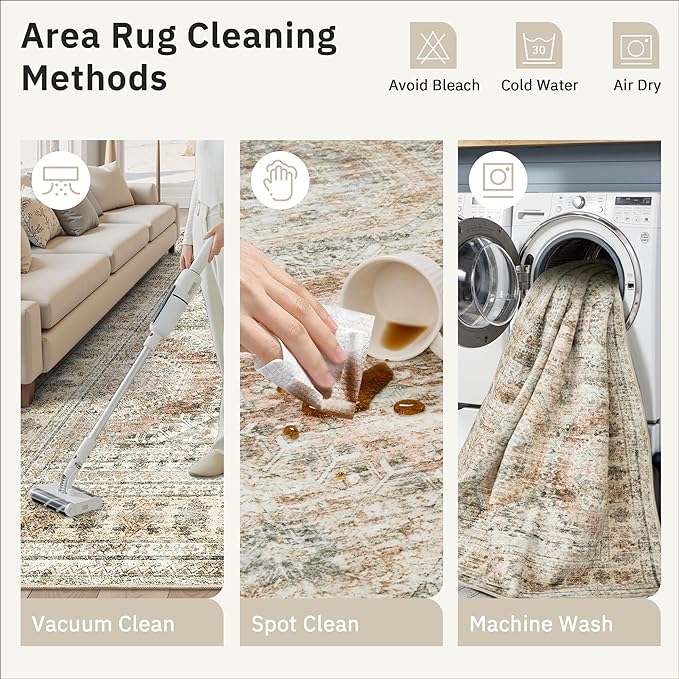 Soalmost 10x14 Area Rugs for Living Room, Non Slip Machine Washable Vintage Rugs, Low Pile Lightweight Large Rug for Bedroom, Dining Room, Home Office Brown Pink