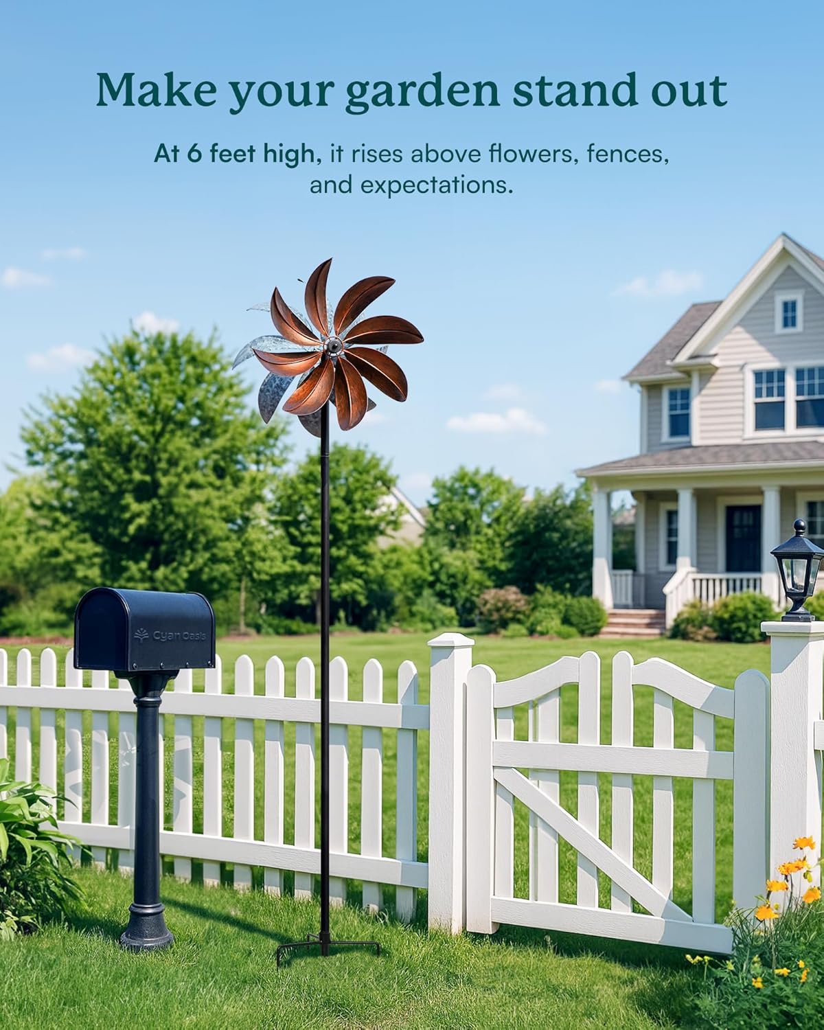 Wind Spinners Outdoor, Copper Teal Kinetic Wind Spinner with Stake, Garden Yard Spinners Windmill Decor for Patio Lawn (12" W x 70" H)