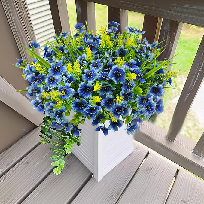 8 Bundles Artificial Flowers Outdoor Silk Fake Plants UV Resistant Faux Plastic Greenery Shrubs for Home Outside Garden Front Porch Window Box Pot Planters Decor (Blue+Yellow)