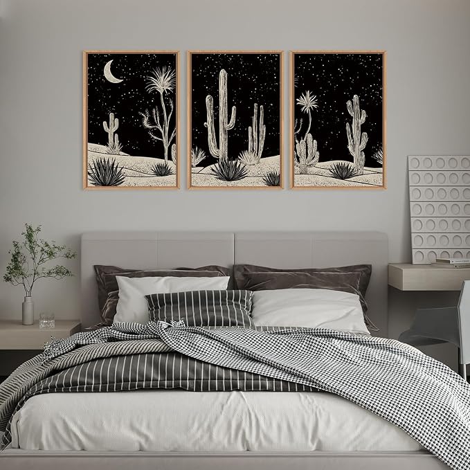 DRACIT Desert Night Cactus Framed Canvas Wall Art Set,Southwestern Black and White Landscape Wall Decor,Rustic Wooden Mid Century Boho Moon Artwork for Living Room,Bedroom-16 x24 x3
