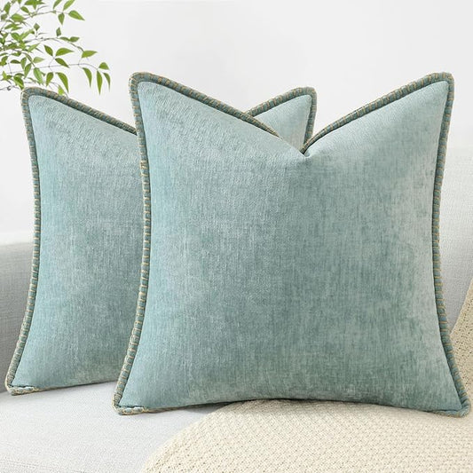 decorUhome Summer Chenille Soft Cozy Throw Pillow Covers 24x24 Set of 2, Modern Farmhouse Boho Velvet Decorative Euro Sham Pillow Cases with Stitched Edge for Couch Sofa Bed Home Decor, Aqua Haze