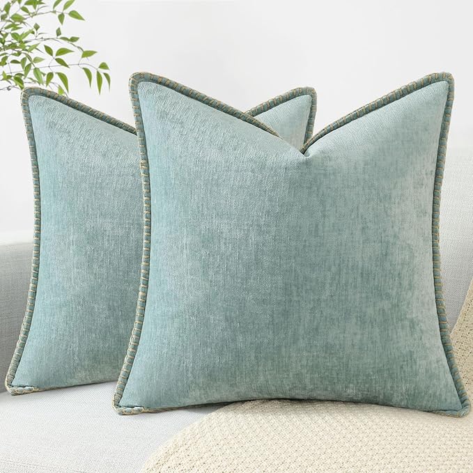 decorUhome Summer Chenille Soft Cozy Throw Pillow Covers 20x20 Set of 2, Modern Farmhouse Boho Velvet Decorative Pillow Cases with Stitched Edge for Couch Sofa Bed Home Decor, Aqua Haze