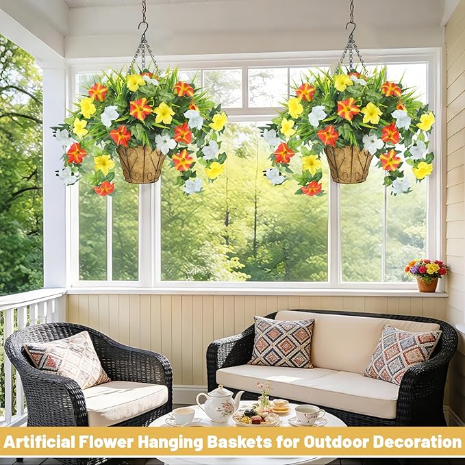 Artificial Flowers Hanging Baskets for Outdoors, 5PCS UV Resistant Faux Outdoor Plants, Fake Petunias Silk Flowers for Garden Balcony Yard Porch Decor (Yellow Orange White)
