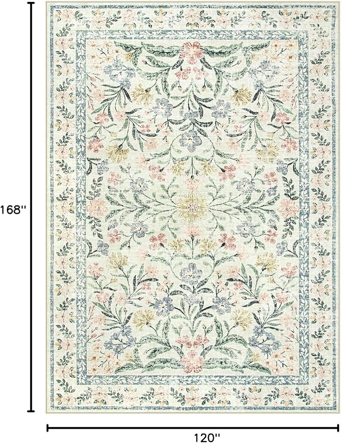 Wonnitar Large Living Room Rug, Floral 10 x 14 Machine Washable Area Rugs, Soft Boho Ultra-Thin Non-Shedding Indoor Aesthetic Carpet for Bedroom Dining Room Office