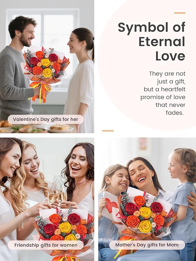 Polylove Flowers for Delivery Prime Forever Flowers Bouquet Preserved Roses Bouquet Flower Gift for Women Wife Mother Day Graduation Birthday (Orange, Medium)