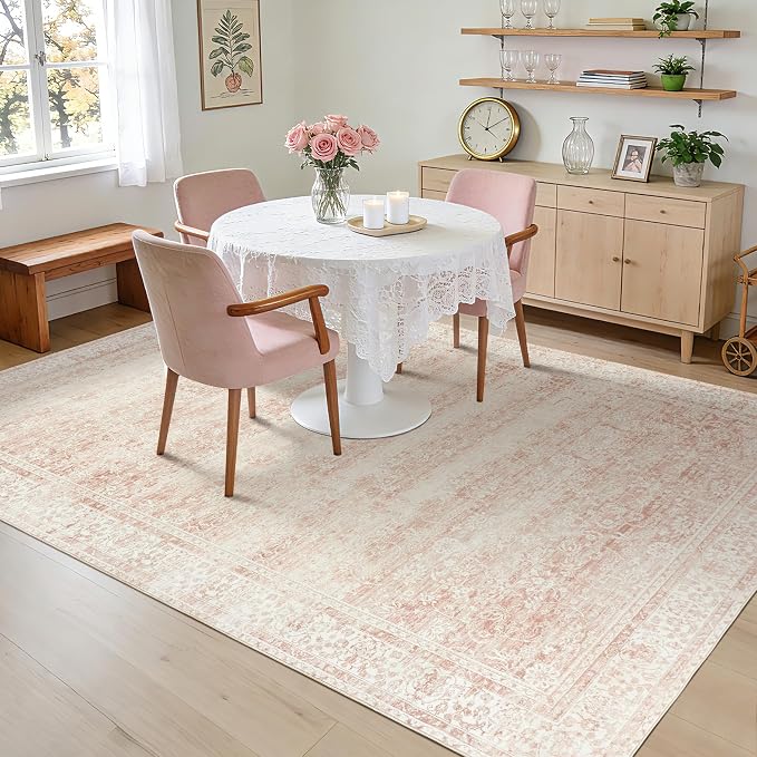 Pink Nursery Rug for Baby Girl 5 x 7 Neutral Blush Pink Boho Cute Floral Foldable Machine Washable Low Pile Soft Surface Carpet Area Rugs for Living Room Bedroom Dorm Kids Playroom,5x7
