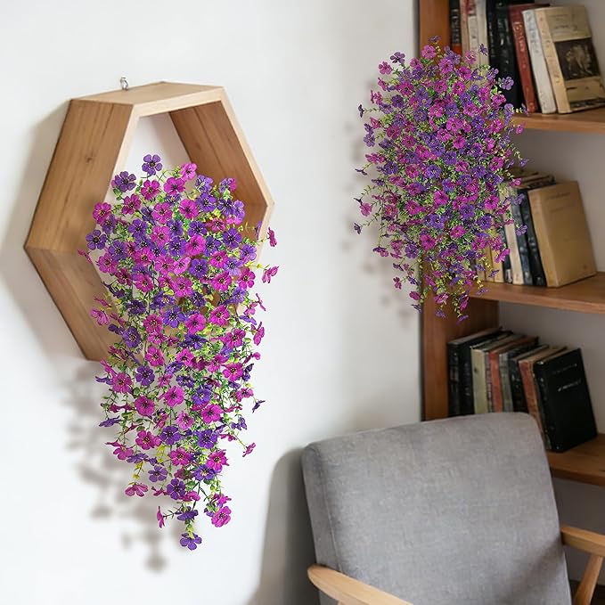 Ammyoo 2Pcs Fake Hanging Flowers for Outdoor Decoration Artificial Hanging Flowers Realistic Daisy Plants UV Resistant, Faux Silk Flower for Porch Patio Window Sill Outside Decor(Purple Deep Purple)