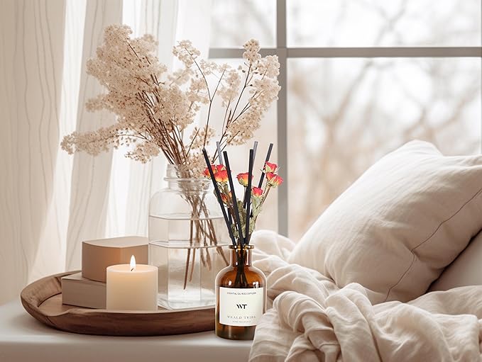 WEALD TRIBE Reed Diffuser Set for Bathroom Air Fresheners, Oil Diffuser Sticks | Sandalwood Rose Scent 4.0 fl oz Home Fragrance with Sticks Defusers | House Bedroom Office Shelf Decor