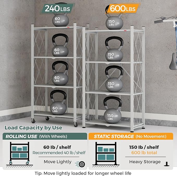 DEANIC 4 Tier Foldable Storage Shelves with Wheels, Large Capacity Shelving Unit, Freestanding Metal Wire Shelf Rack, No Assembly Organizer Rack for Garage Kitchen, Basement, Pantry(Grey Pack of 2)
