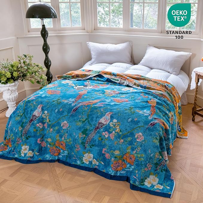 MSGKV Boho Throw Blanket for Couch 50"x60" Cotton Blanket with Floral and Bird Summer Breathable Lightweight Farmhouse Decorative Blankets for Sofa Muslin All Seasons