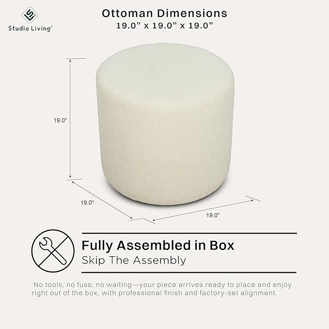 Studio Living Wentworth 19" Round Ottoman, Urban Transitional, Fully Assembled, Soft Boucle Fabric, Snow