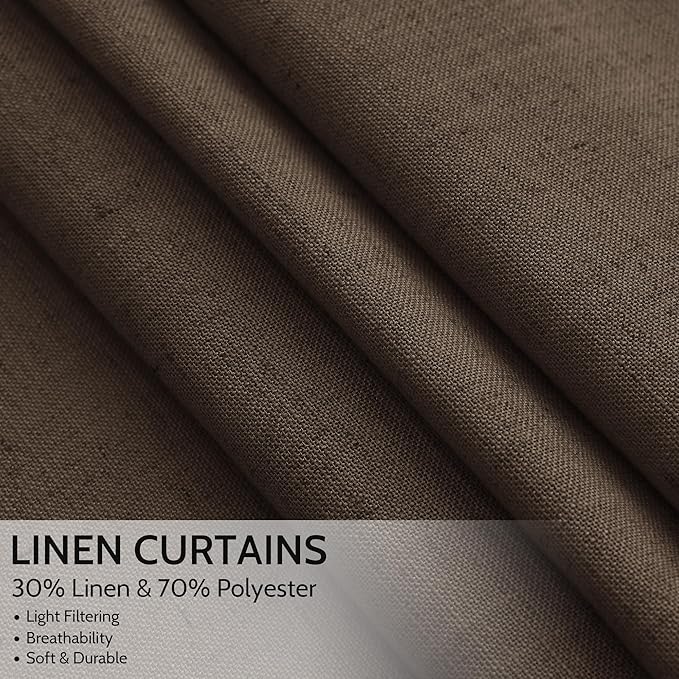 Chocolate Linen Curtains 90 Inch Long 2 Panels Set for Bedroom Living Room, Soft Linen Textured Window Drapes Semi Sheer Light Filtering Rod Pocket Back Tab Morden Style 52x90