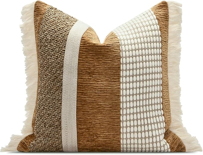 Burnt Orange Decorative Boho Throw Pillow Cover 20x20 | Modern Accent Square Pillows Cover with Handmade Drawn Work Tassel for Couch Bed Living Room Decorative