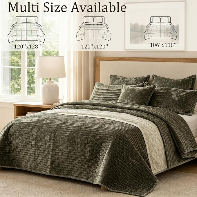 Luxury Velvet Oversized King 120x120 in Quilt Set 3 Piece Quilted Bedspread with 2Pillow Shams(20x36) Ultra Soft Coverlet All Season Bedding for Farmhouse Modern Bedroom Sofa,Army Green