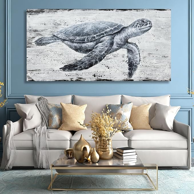 Hue7Art Marine Life Turtle Wall Art Canvas Ocean Wildlife Illustration, Retro Coastal Style Painting for Living Room Bedroom Bathroom Seaside Wall Decoration 29x58 Inch