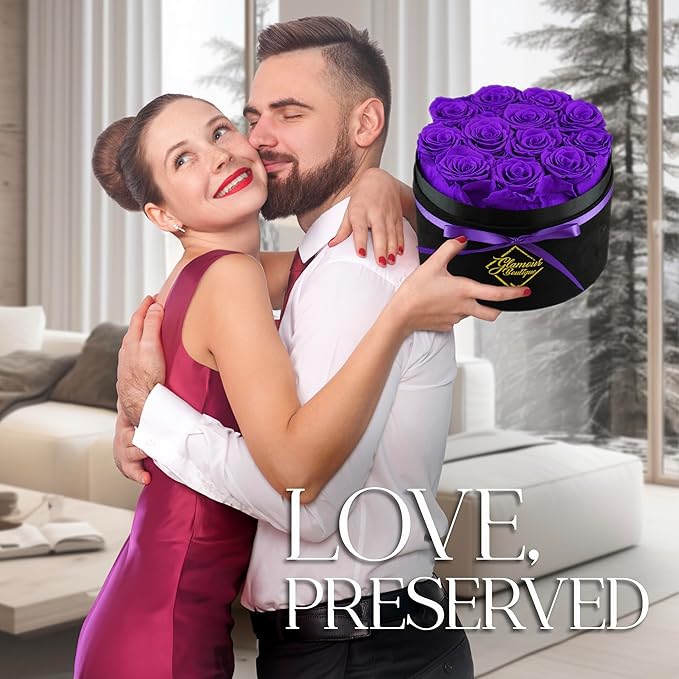 GLAMOUR BOUTIQUE Flowers Forever Gift Box, 12 Real Preserved Roses in Velvet Box, Floral Gift for Her, Mom or Wife for Birthday, Mother’s Day, Anniversary or Graduation, Purple (Color-Treated)
