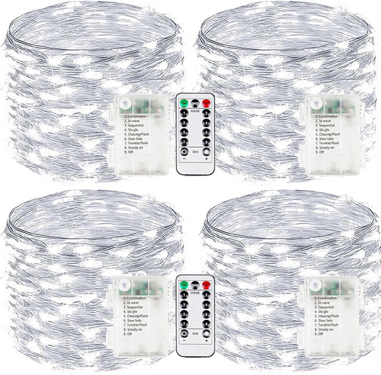 4-Pack Fairy Lights Battery Operated with Remote, Waterproof 33FT 100 LED Battery String Lights Outdoor Indoor, 8 Modes Twinkle Lights with Timer for DIY Home Centerpiece Christmas Decor (Cool White)