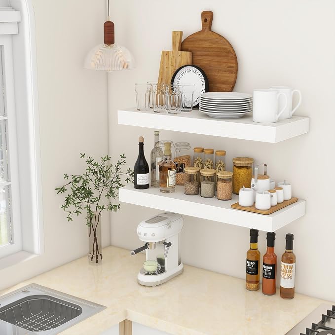 FLYJOE Deep Floating Shelves, 30 Inch White Shelves Set of 2 | 12 Inch Deep Shelves for Wall, 30'' x 12'' Rustic White Wood Shelves for Bathroom Living Room Laundry Room Kitchen