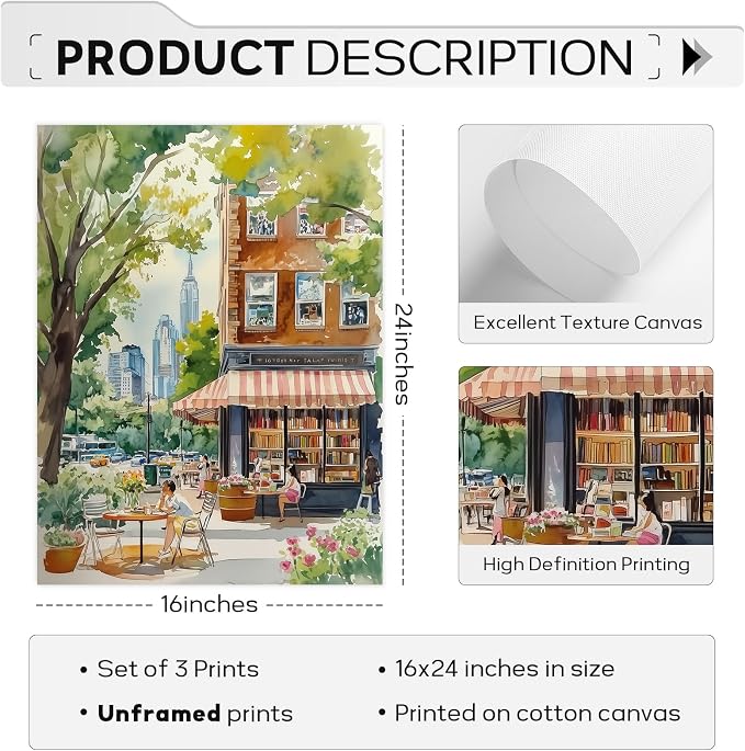 SYYANKK Watercolor New York City Wall Art NYC Canvas Wall Decor NYC Painting New York Landmarks Poster Travel Wall Art Central Park Artwork for Bedroom Living Room 16x24 Inch Unframed Set of 3